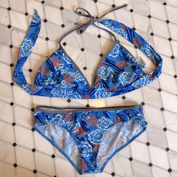 Nautica Blue Halter Bikini - L - Blue Floral - Picture 1 of 5